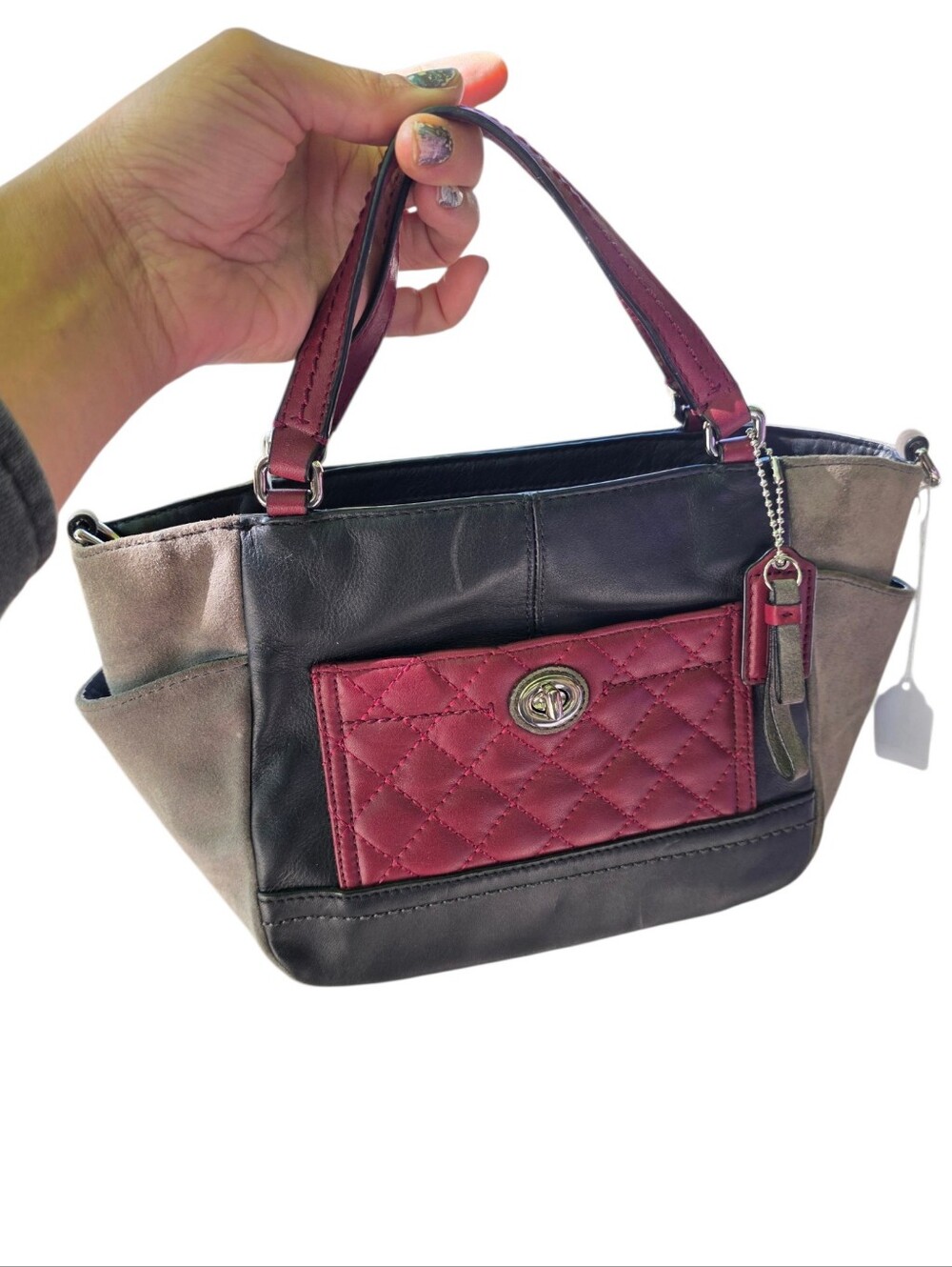 Coach Quilted Burgundy Suede Accent Tote Bag With Ling Strap - Women Bags